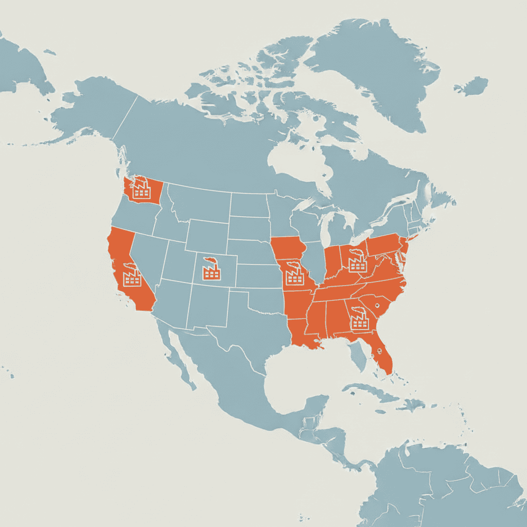 A stylized map of North America highlighting the U.S. states of Minnesota, Wisconsin, Iowa, and Mexico with factory icons.