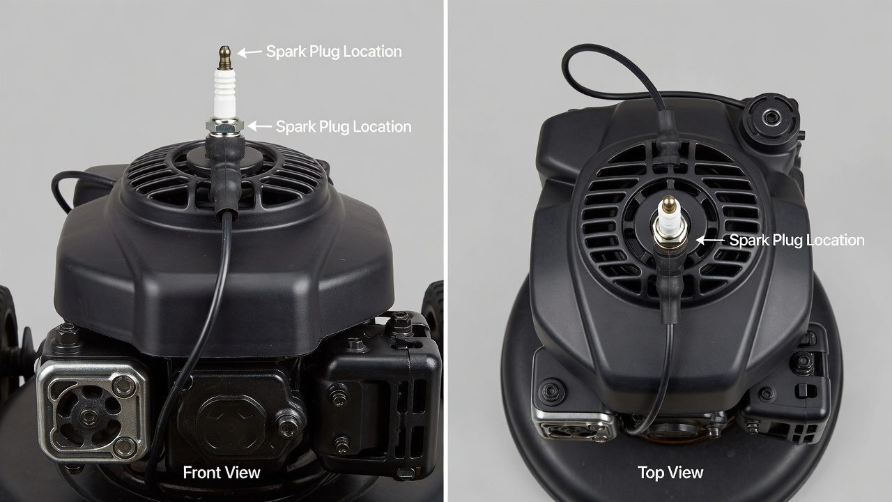 Push mower engine showing spark plug location at top of cylinder head