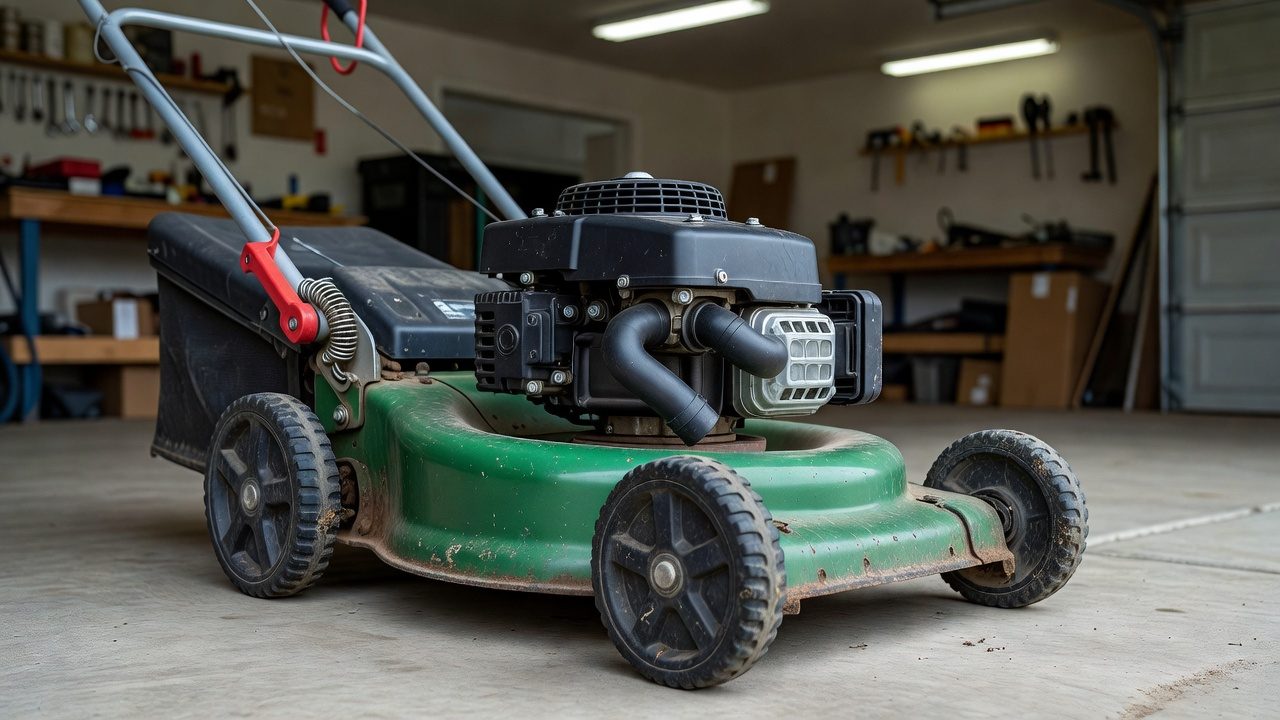 Where Is the Air Filter on a Lawn Mower? Side view of a push mower engine with the black air filter housing mounted on its side.