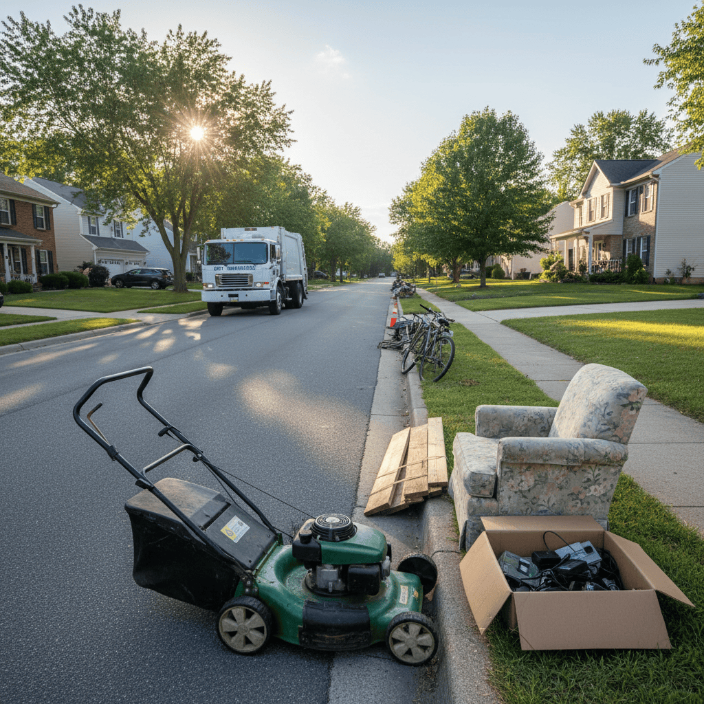 Lawn mower placed at curb on municipal bulk waste pickup day with collection truck visible