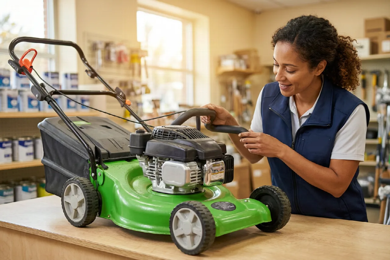 Working lawn mower being inspected at a nonprofit donation store