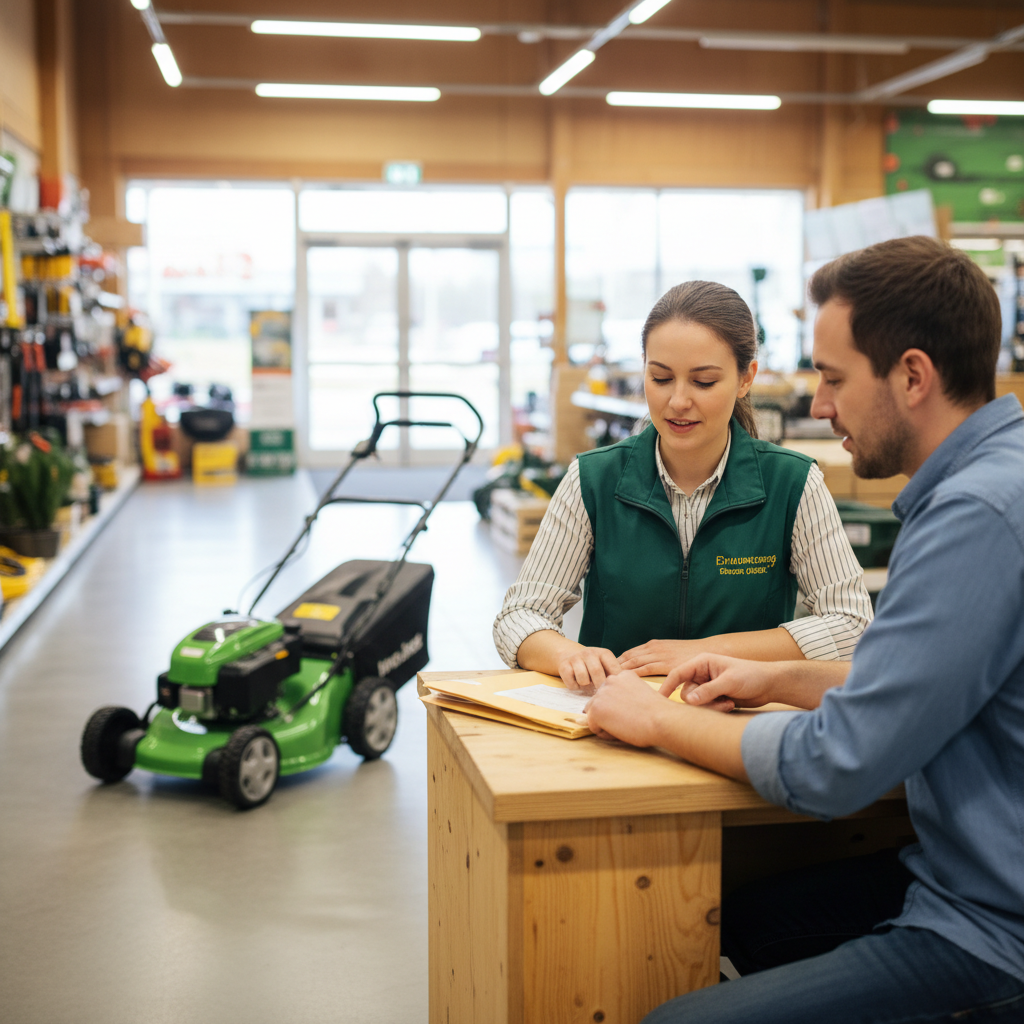 Where to Finance a Lawn Mower Customer talking with a salesperson near a walk-behind mower in a store
