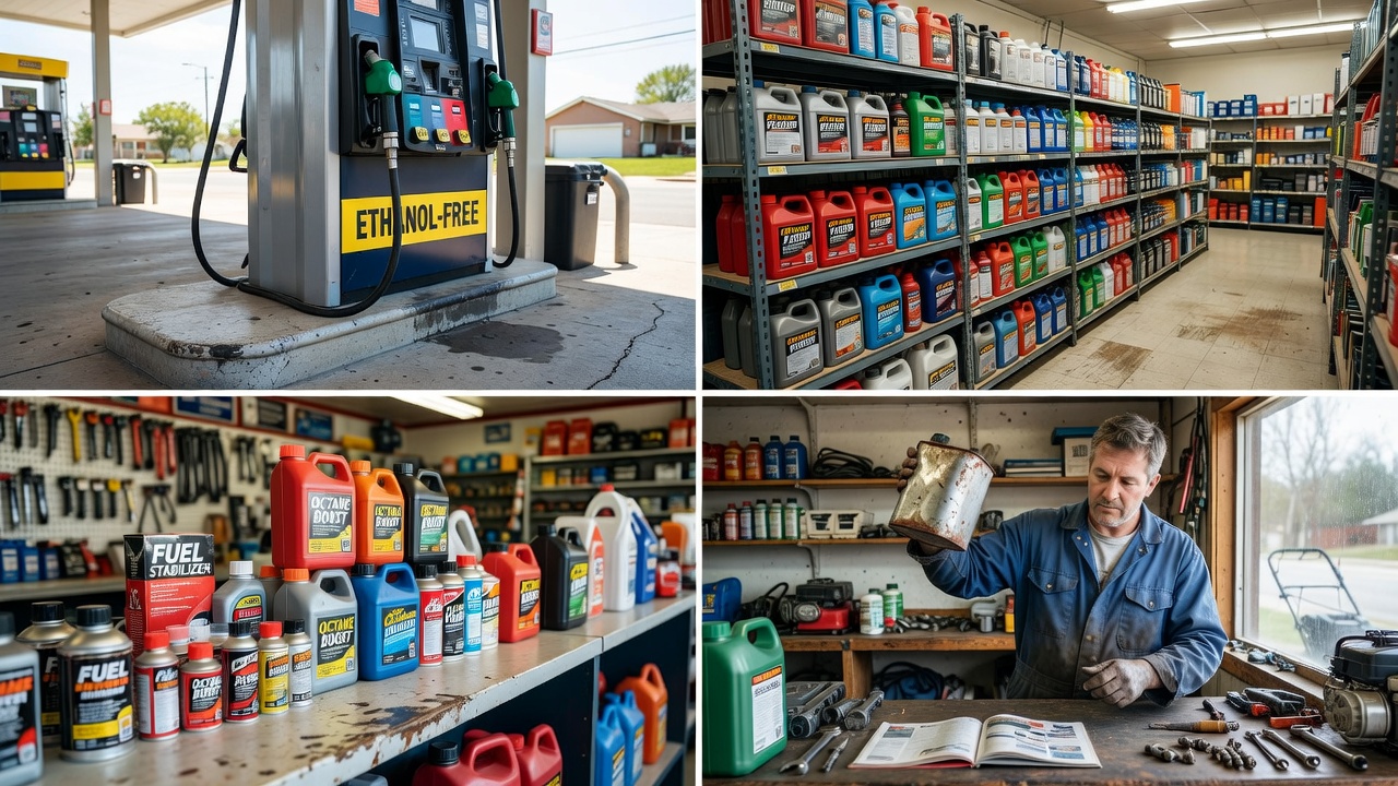 Four retail settings for lawn mower fuel: gas station pump, hardware store shelf, auto parts counter, and small engine repair shop