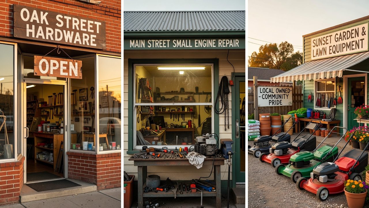 Three local service provider storefronts representing hardware stores, repair shops, and dealers
