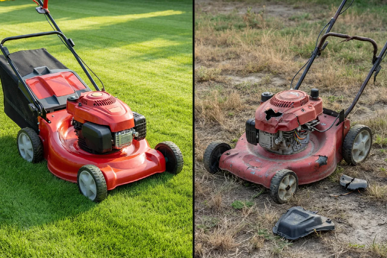 Where to Get Rid of a Lawn Mower: Disposal, Recycling, and Donation Options Side-by-side comparison of a working lawn mower and a damaged, non-functional lawn mower