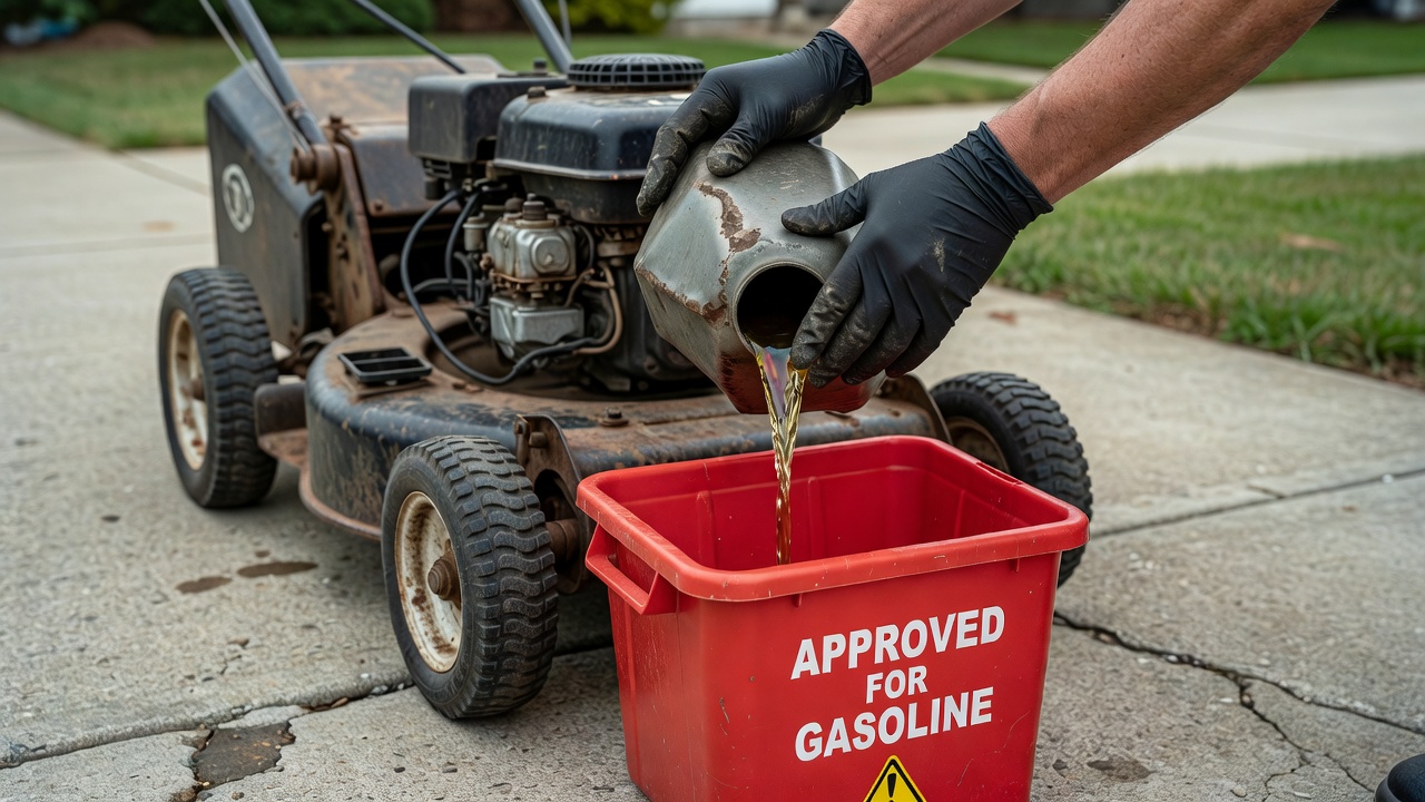 A person draining gasoline from a lawn mower into an approved container.