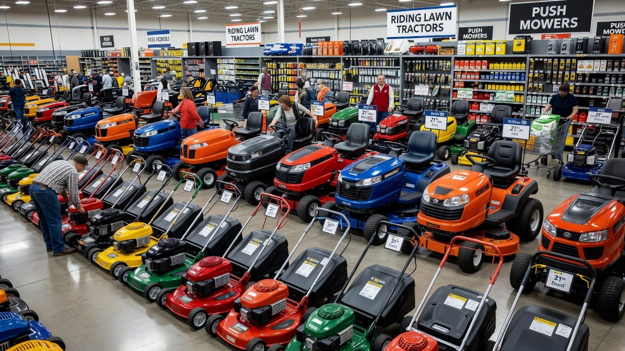 Major Home Improvement Retailers Home improvement store lawn equipment section with multiple mower displays