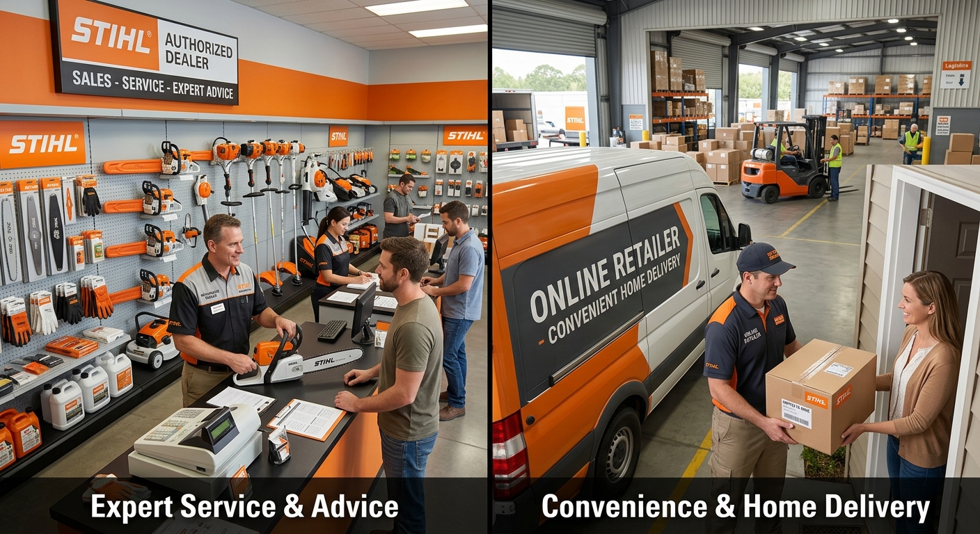 Side-by-side comparison of authorized dealer shop and online retail delivery options