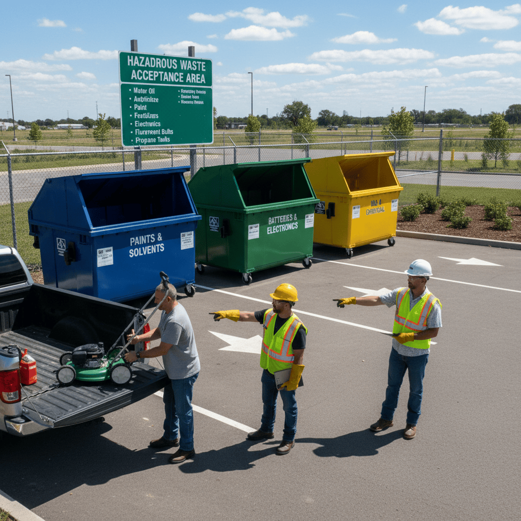 Municipal hazardous waste facility with resident dropping off lawn mower