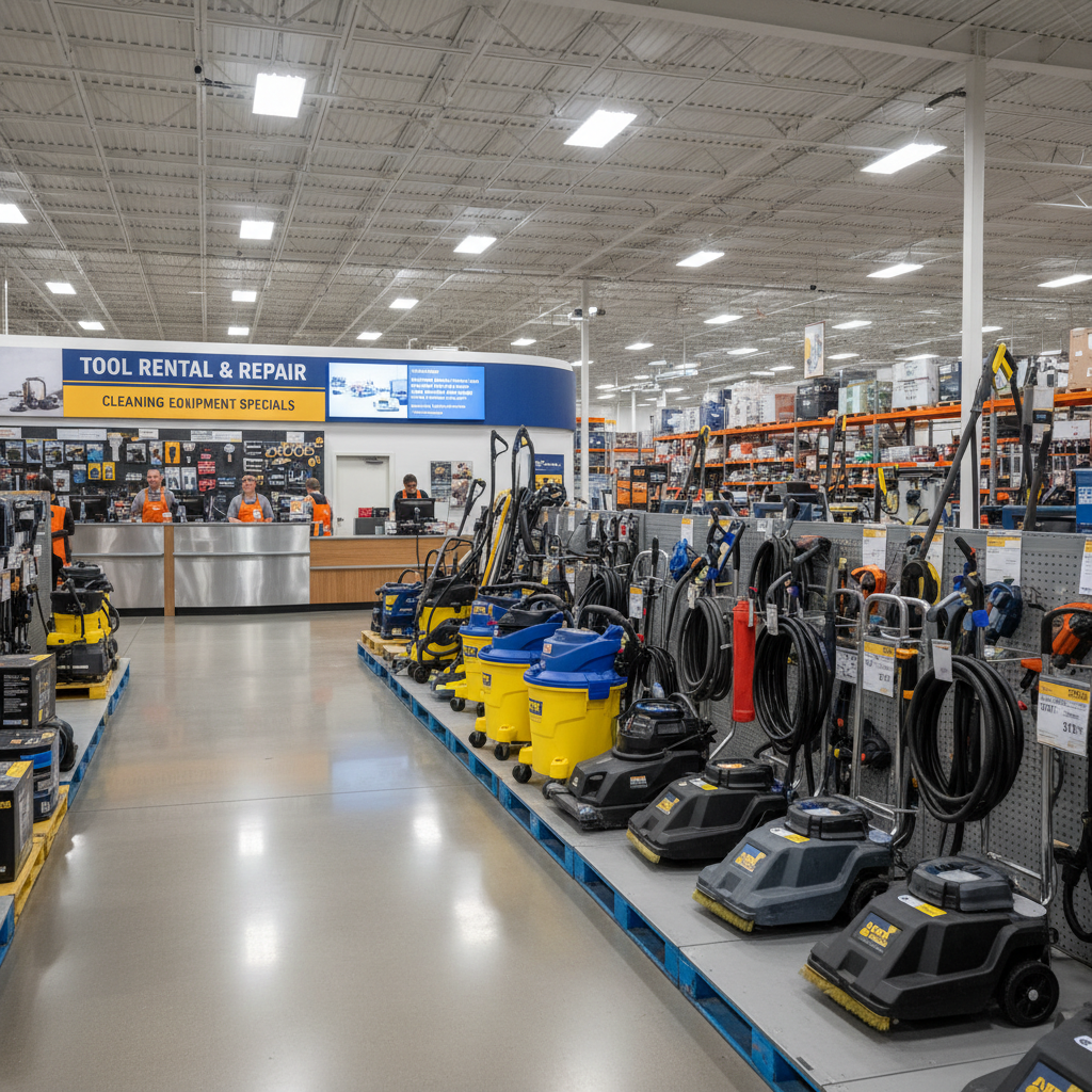 A store's tool rental department with carpet cleaning equipment on display