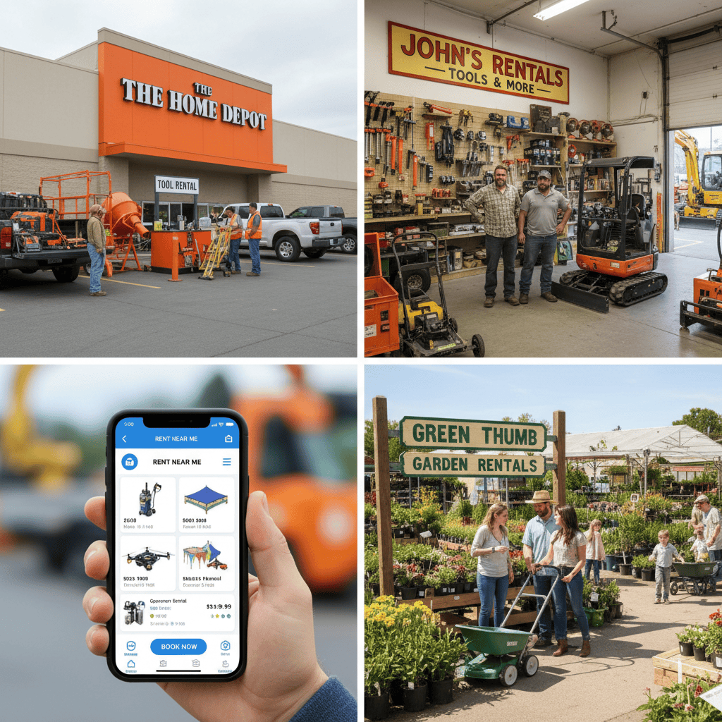 Four different lawn mower rental service locations including national retailers, local shops, online platforms, and garden centers