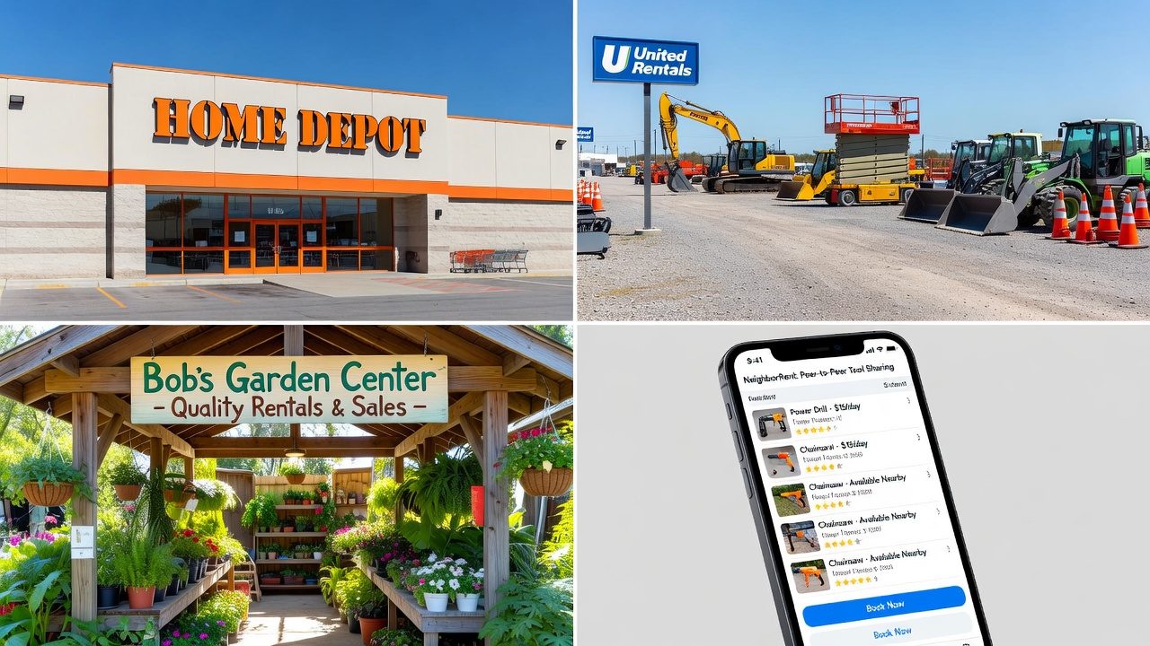 Four types of riding lawn mower rental providers: big-box stores, equipment rental companies, local dealers, and peer-to-peer platforms