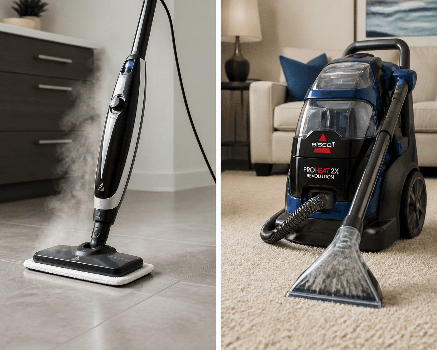 Side-by-side comparison of a steam cleaner for hard floors and a carpet cleaner for carpets.