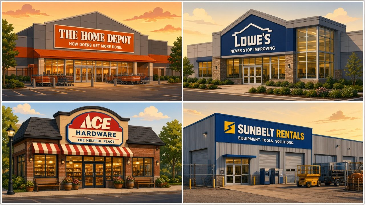 Four major carpet cleaning machine rental locations including Home Depot, Lowe's, Ace Hardware, and Sunbelt Rentals