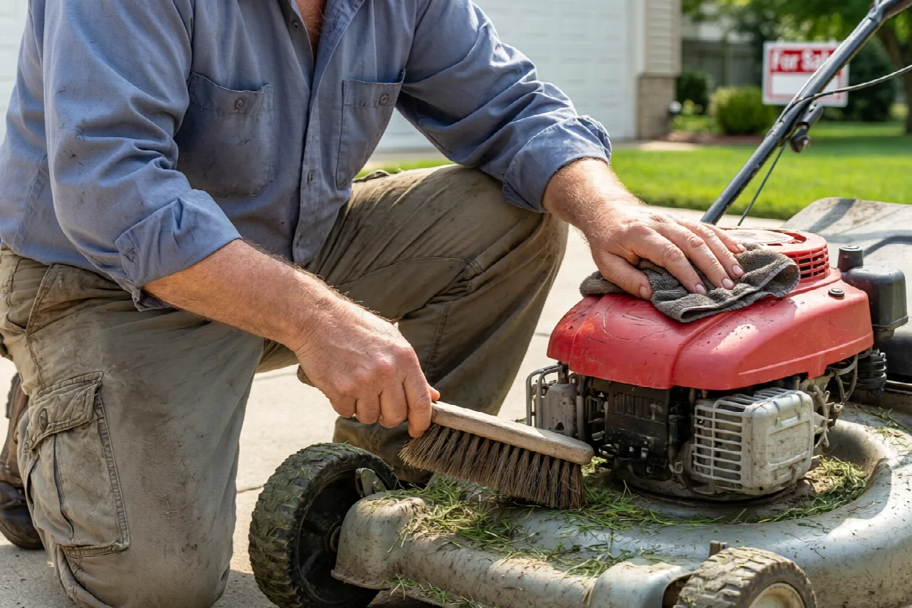 Where to Sell Lawn Mower? Lawn mower being cleaned and prepared for sale