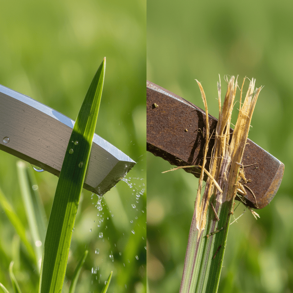 Comparison of clean cuts from sharp blade versus torn grass from dull blade