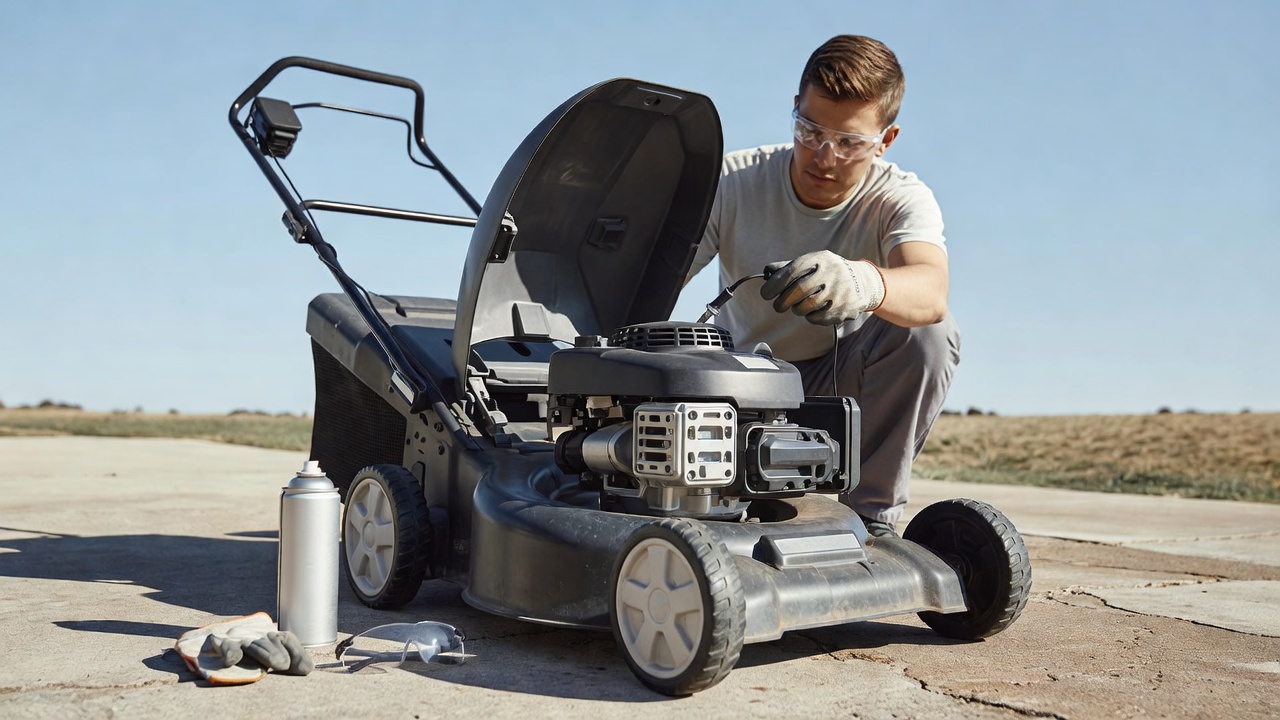 Where to Spray Carb Cleaner on a Lawn Mower: A Step-by-Step Guide Lawn mower with the spark plug wire being disconnected before carburetor cleaning.