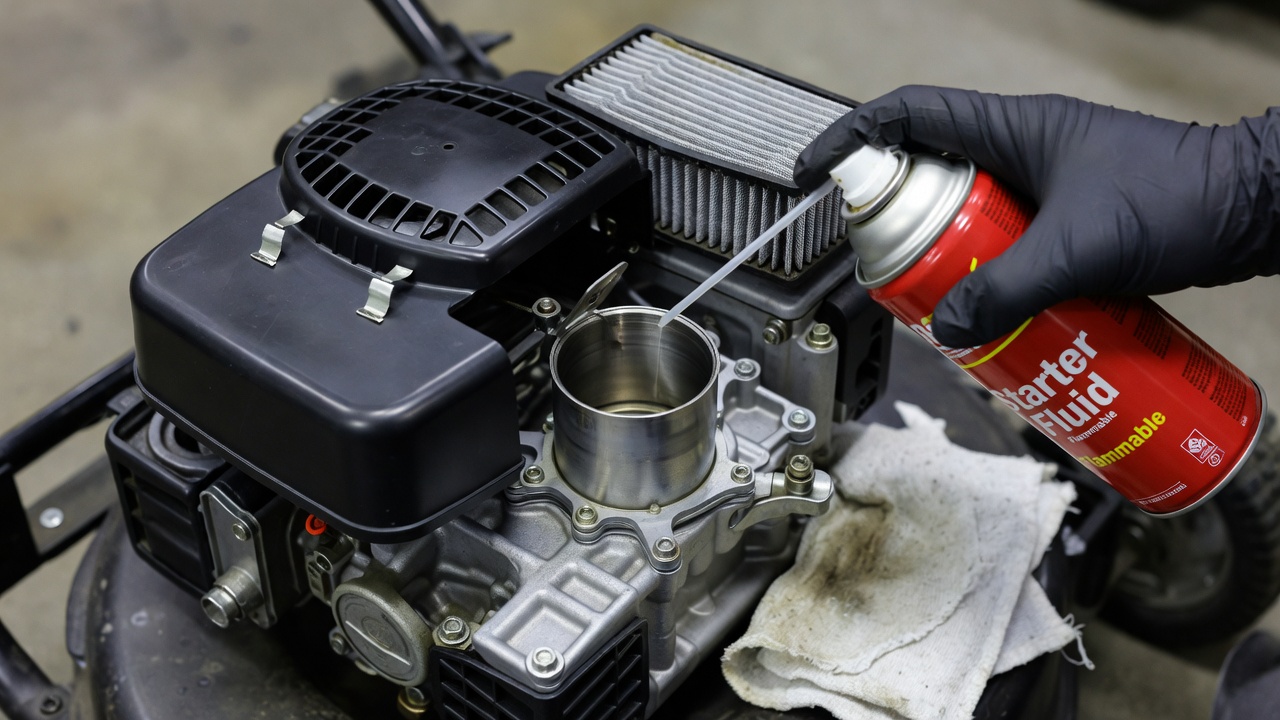 Mower engine with air filter removed, carburetor throat exposed, starter fluid can aimed at intake