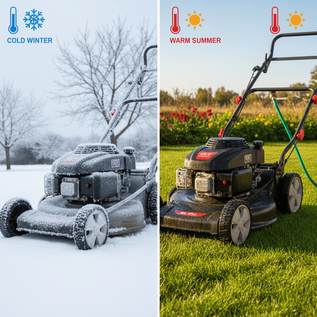 Lawn mower in winter storage versus active summer use conditions