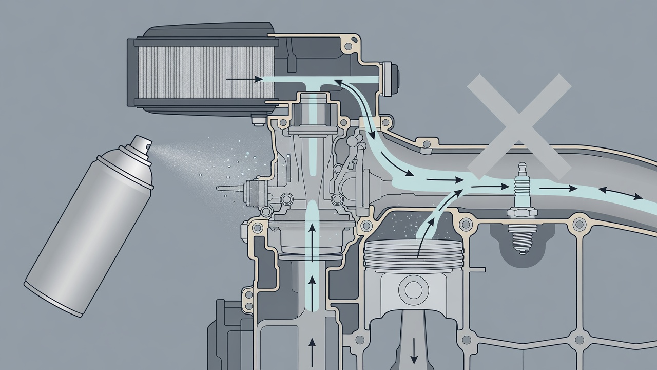 Illustration of correct starting fluid application path into engine intake