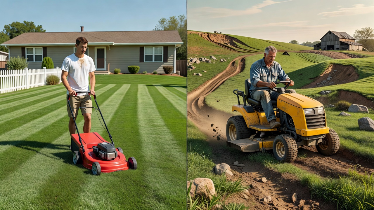A visual comparison showing a push mower for a small yard versus a riding mower for a large, uneven property.