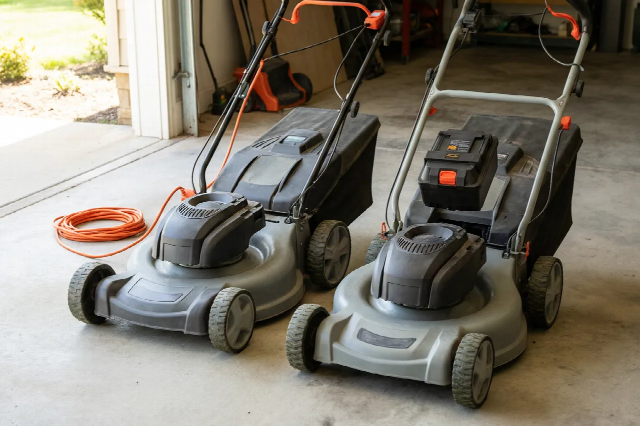 Which Electric Lawn Mower Is Best? How to Choose the Right One Corded electric mower beside a cordless mower with its battery pack removed