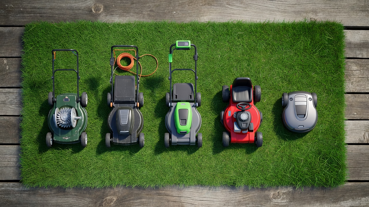 Which Mower Is Best? How to Find the Right One for Your Lawn Five different types of lawn mowers displayed side by side on green grass showing reel, corded, battery, riding, and robot options