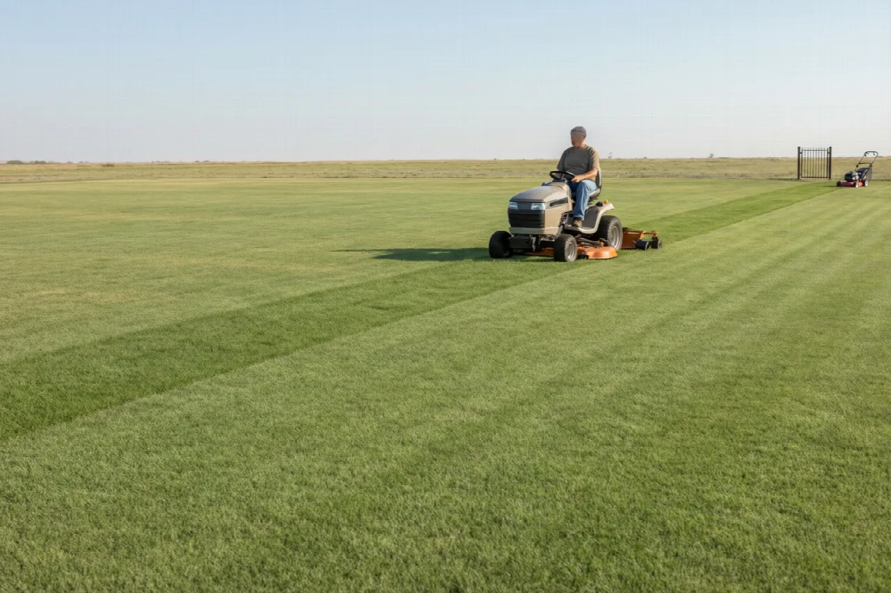 A person mowing a large open residential lawn on a ride-on tractor in morning light.