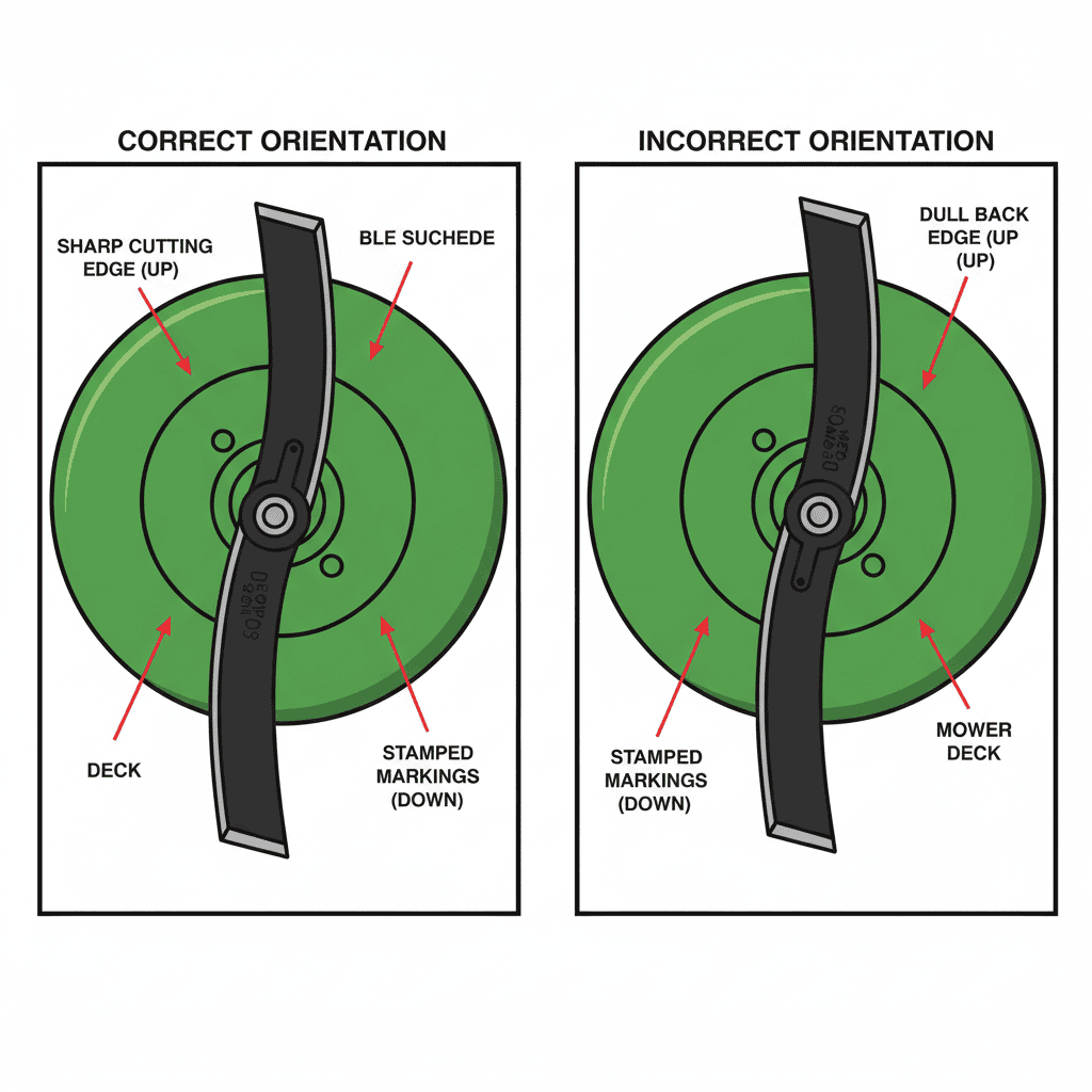 Comparison of correct vs incorrect lawn mower blade orientation
