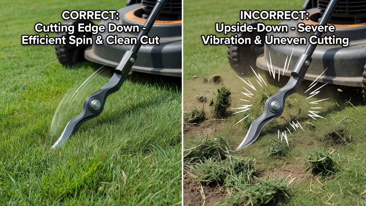 Comparison of correct vs incorrect mower blade orientation and cutting results
