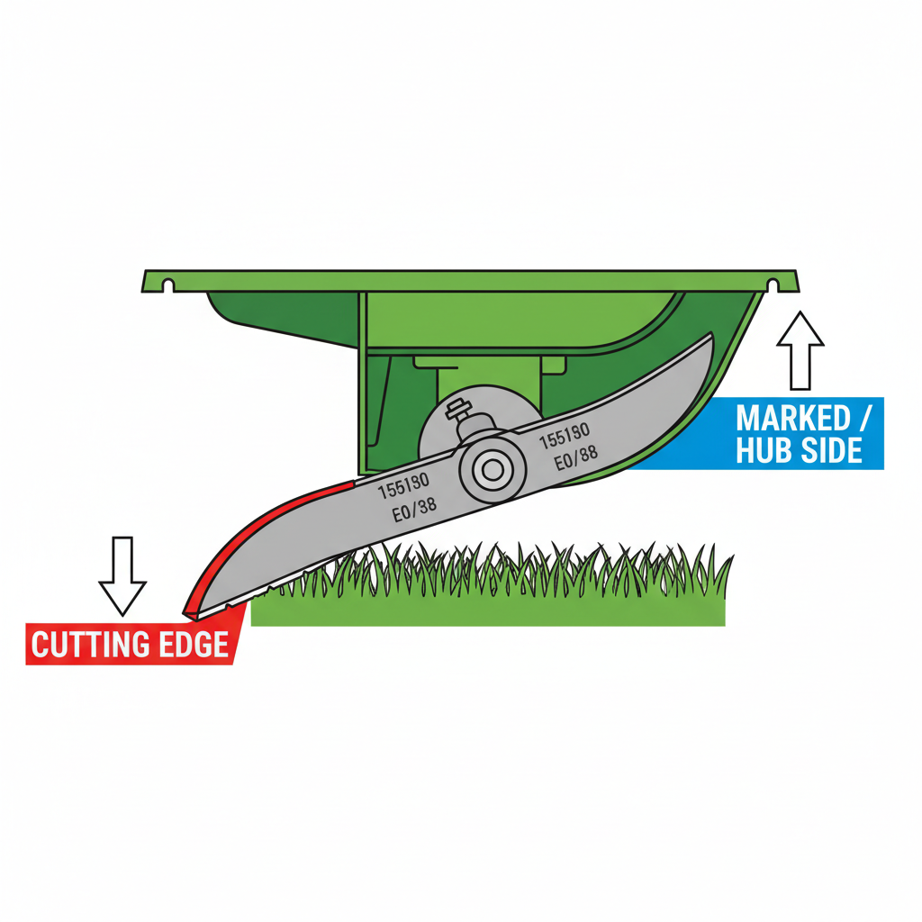 Diagram showing correct blade orientation with cutting edge down and hub side up