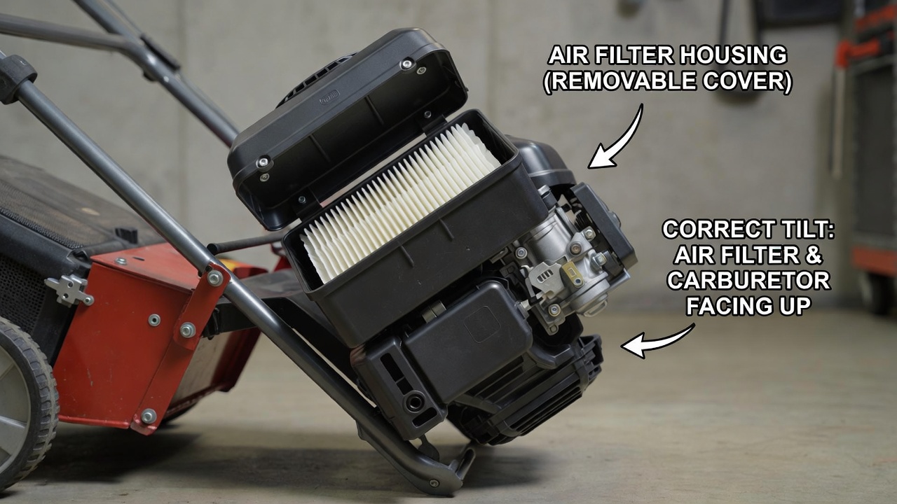 Close-up of a gas lawn mower engine showing the air filter housing facing upward when the mower is tilted backward onto its handle.