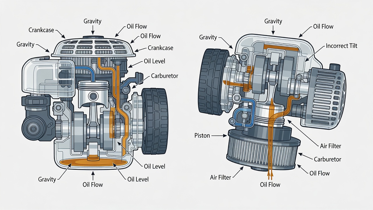Side-by-side cutaway diagrams showing correct and incorrect mower tipping orientation with oil flow paths in the engine.