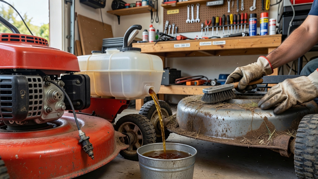 Preparation steps for lawn mower maintenance including disconnected spark plug and fuel drainage