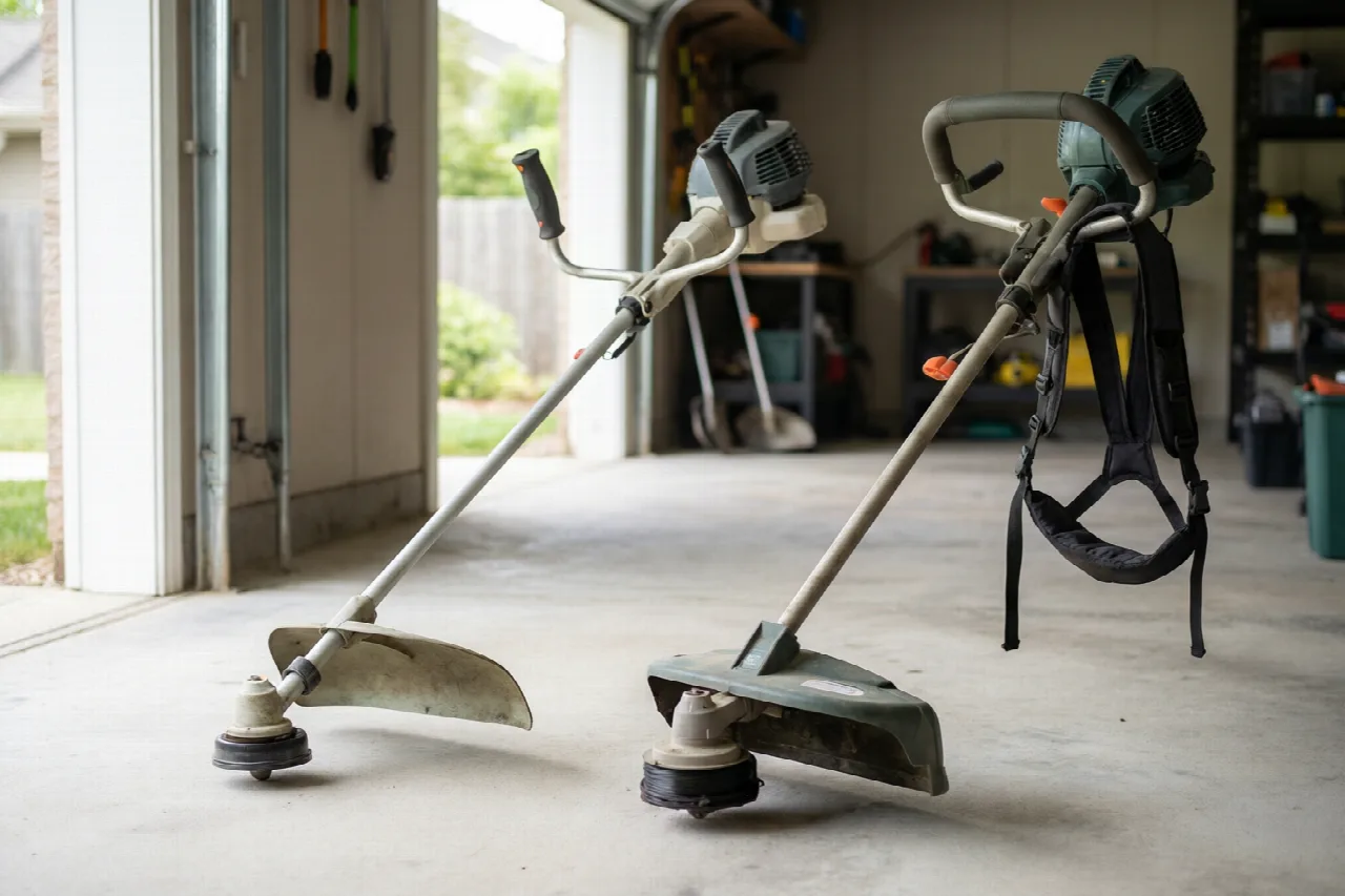 A light string trimmer and a heavier brush cutter standing unused in a garage