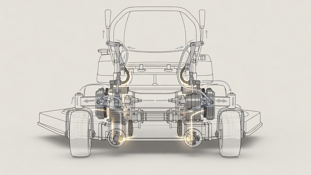 A cutaway illustration showing the independent hydrostatic transmissions and lap-bar control system of a zero-turn mower.