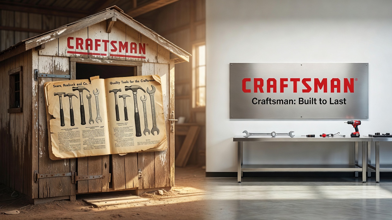 Understanding the Craftsman Brand History A visual timeline comparing the vintage Sears-era Craftsman branding with the modern Stanley Black & Decker era branding.