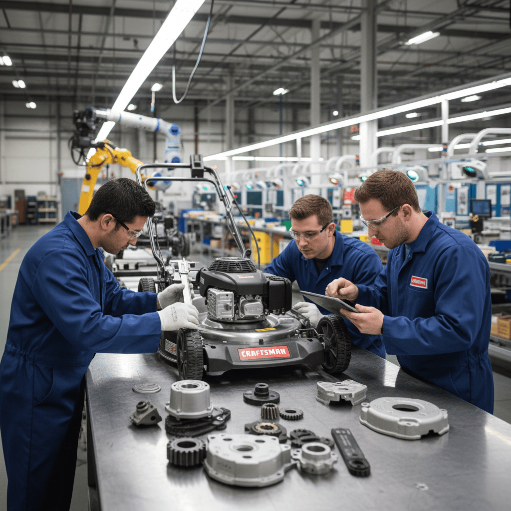 MTD technician assembling and inspecting Craftsman mower components