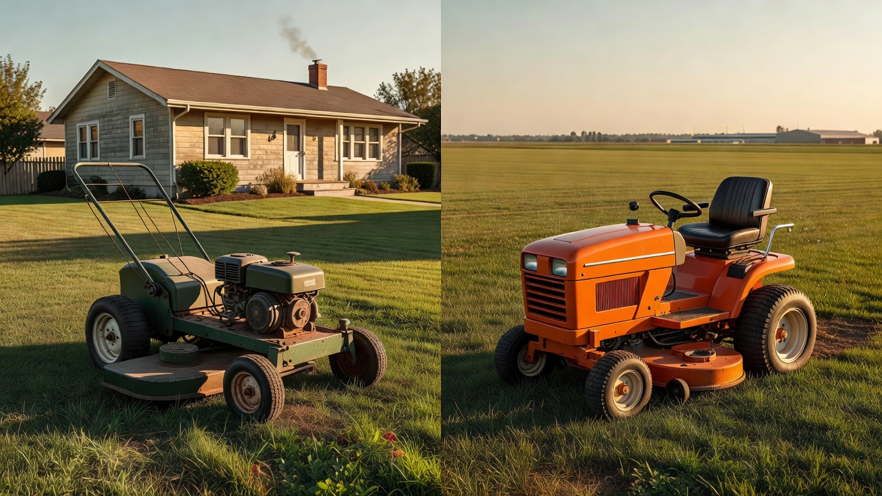 Who Built the First Zero-Turn Mower? The Full Origin Story Side-by-side depiction of a 1940s walk-behind mower and a 1960s commercial riding mower representing two milestones in zero-turn mower invention