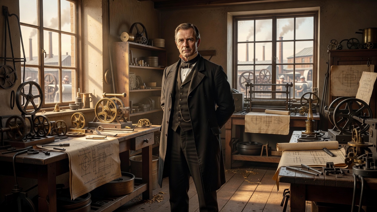 Portrait of Edwin Beard Budding in his Gloucestershire workshop surrounded by Industrial Revolution-era machinery and technical drawings.