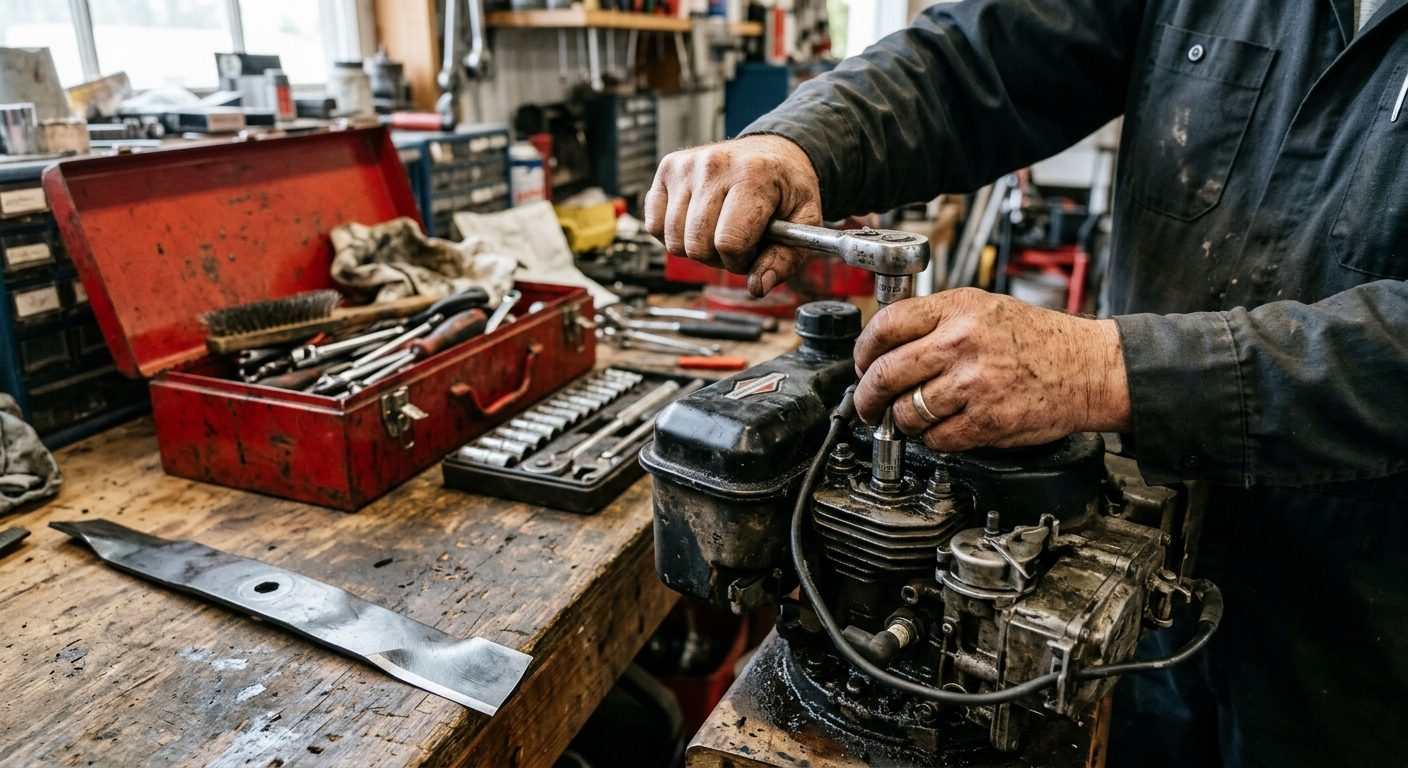 Hands tightening a part on a lawn mower engine
