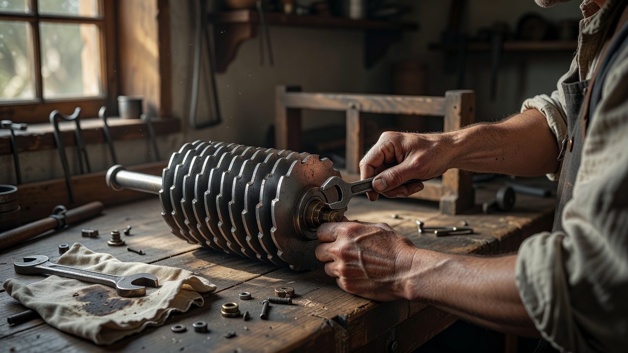 Who Invented the First Lawn Mower? The Story of Edwin Beard Budding's 1830 Reel Mower Inventor's hands adjusting the metal blades of an early reel mower on a workshop bench.
