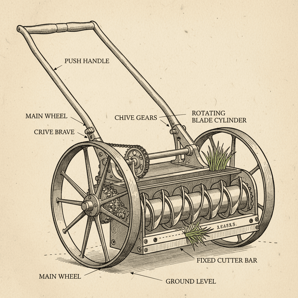 Technical diagram of the rotating blade mechanism in Budding's 1830 mechanical lawn mower