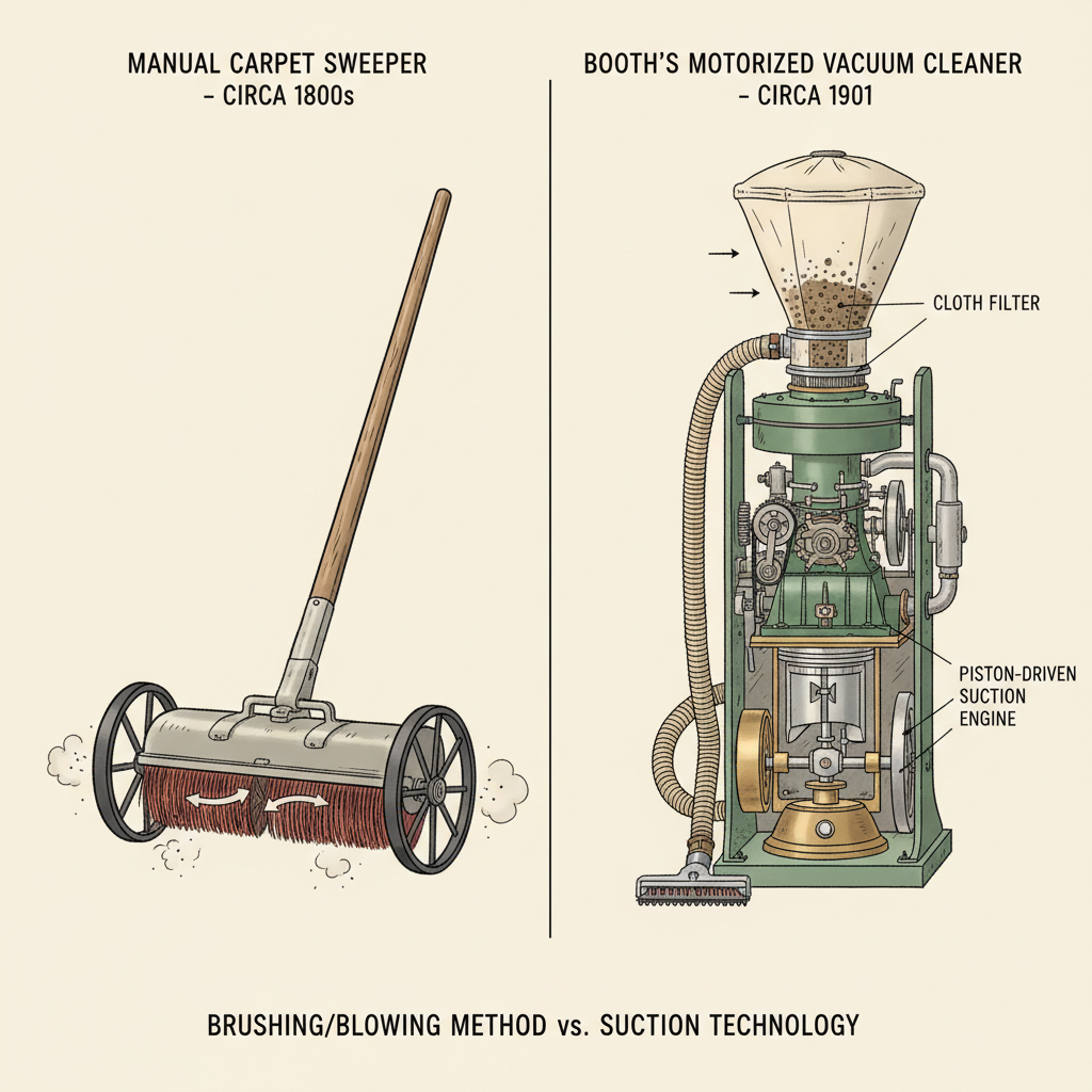 A comparison between a manual carpet sweeper and the suction mechanism of Booth's motorized vacuum cleaner.