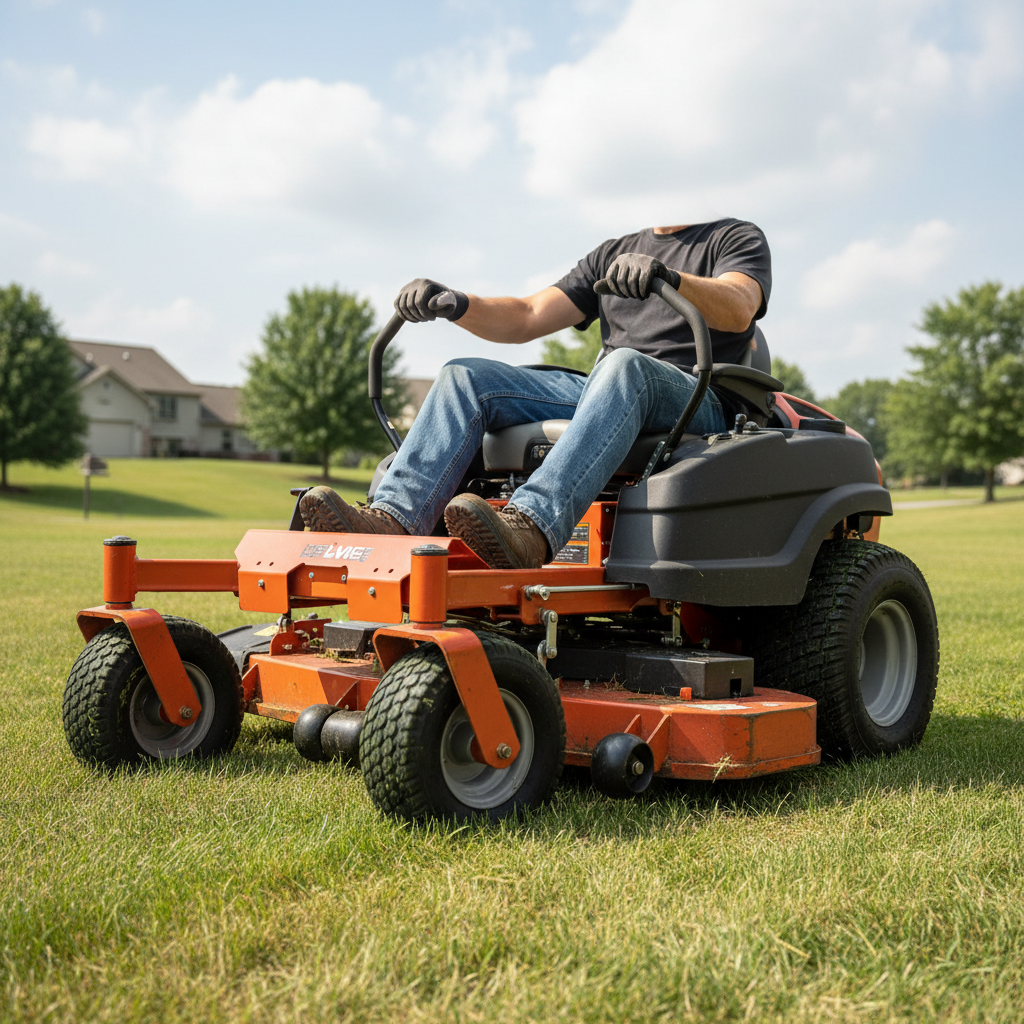 An operator using two levers as a zero-turn mower starts a tight turn