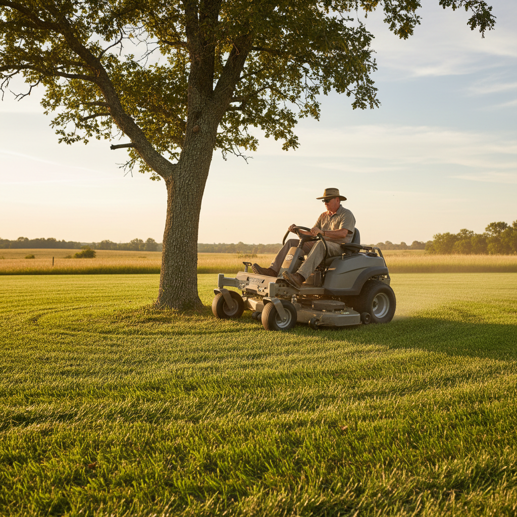 Rider on a dual-lever mower turning tightly around a tree