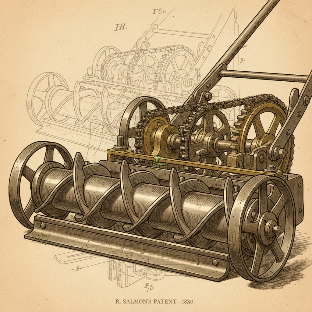 Close-up view of the cutting mechanism from an early 1830s cylinder lawn mower