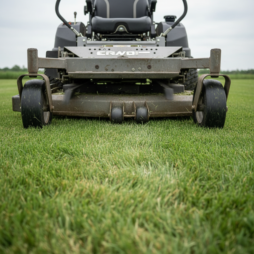 A mower deck hovering over evenly cut grass with finely scattered clippings