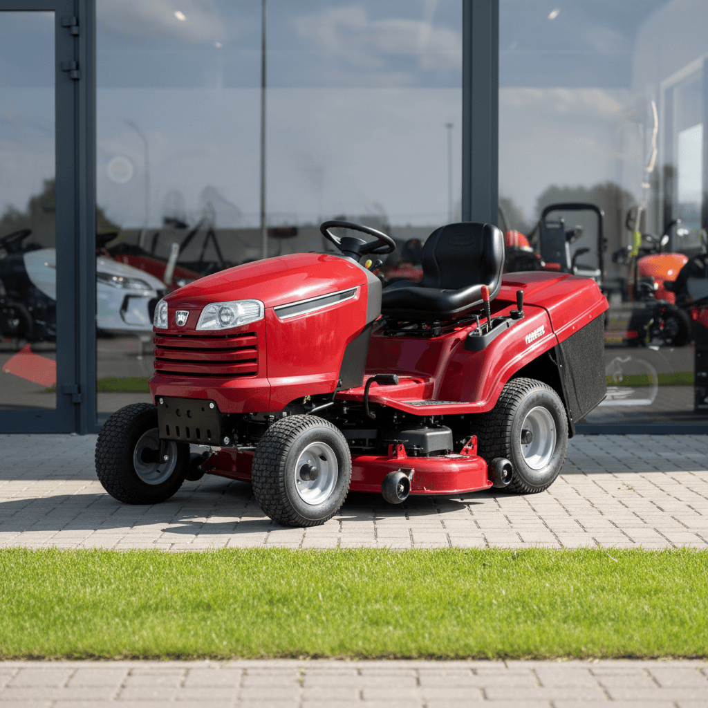 Modern red garden tractor parked on fresh-cut grass outside an equipment dealer