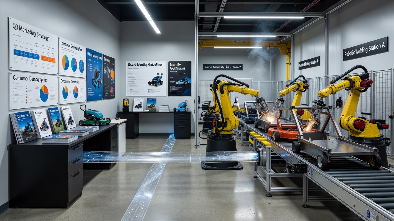 Two connected workspaces showing brand management office and mower manufacturing facility